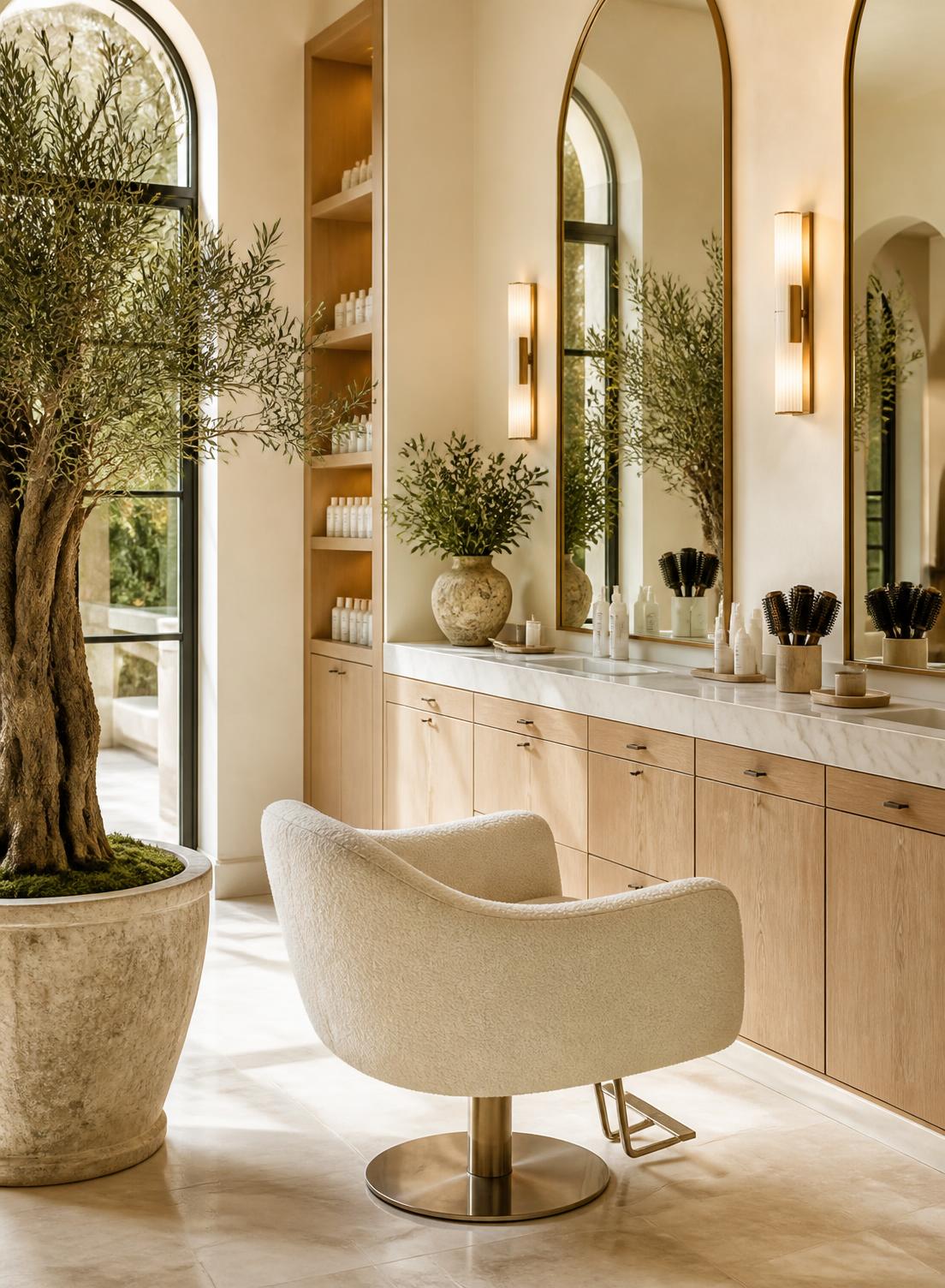 Interior of Ivory Room Salon with arched mirrors, pale oak cabinetry and warm daylight