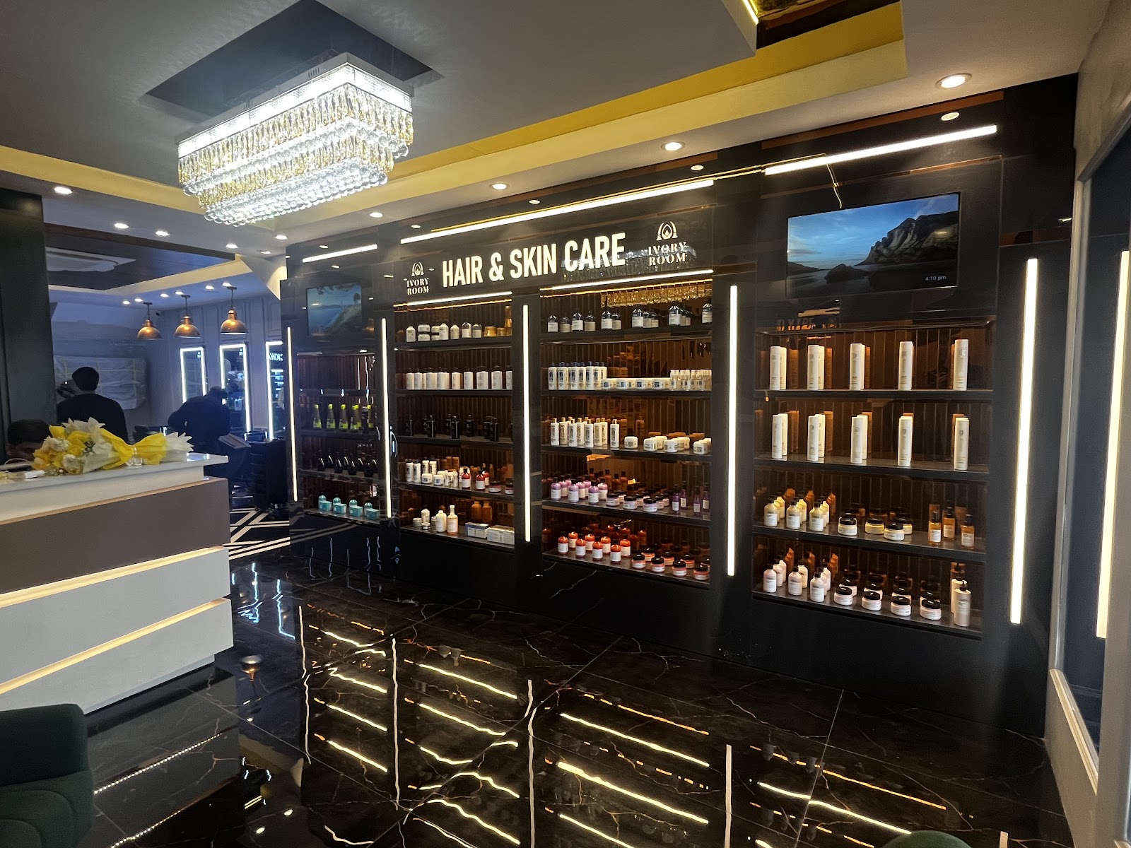 Hair & skin care wall at Ivory Room Salon
